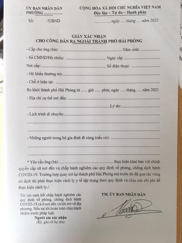 Giấy xác nhận cho công dân ra ngoài thành phố